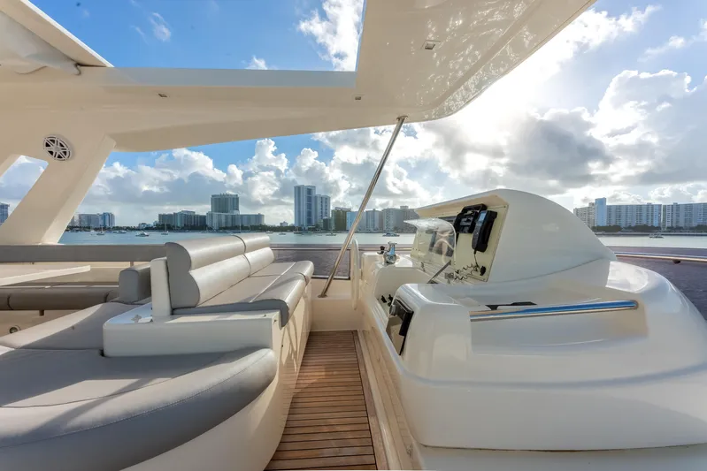 Lady Nelly Yacht Photos Pics Luxurious 2014 Ferretti Yachts 870 with spacious deck and modern cityscape view.