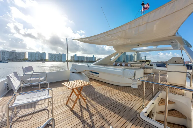 Lady Nelly Yacht Photos Pics Luxurious 2014 Ferretti Yachts 870 with spacious deck, city skyline, and sunny waterfront view.