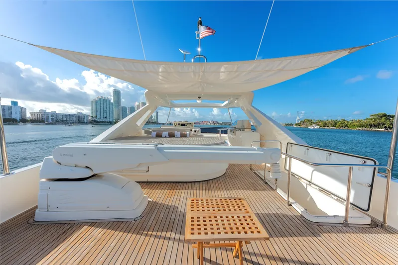 Lady Nelly Yacht Photos Pics Luxurious 2014 Ferretti Yachts 870 on serene water, featuring spacious deck and modern design.