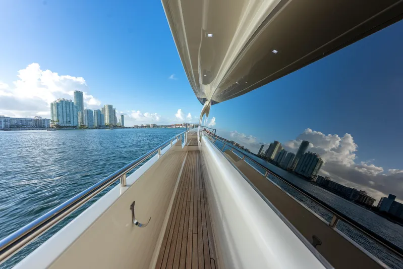 Lady Nelly Yacht Photos Pics 2014 Ferretti Yachts 870 cruising near city skyline, reflecting on water.