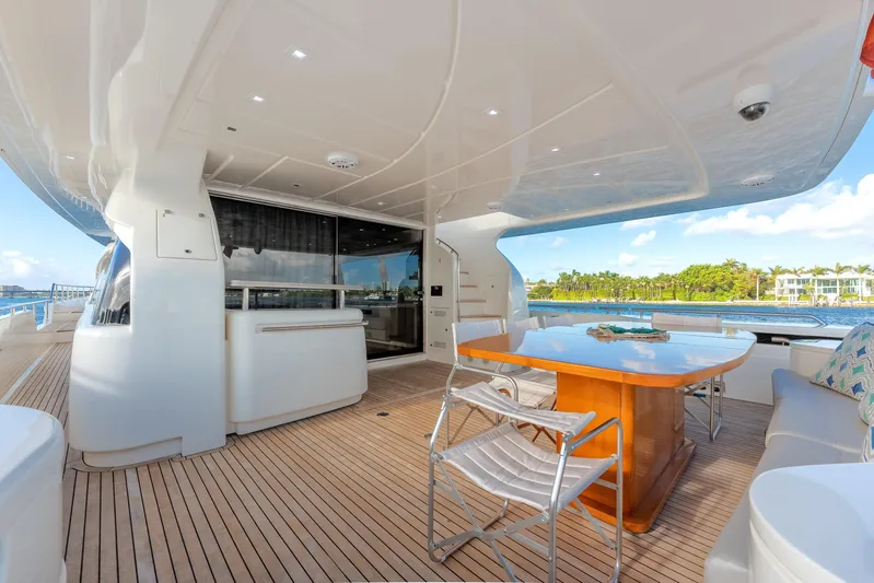 Lady Nelly Yacht Photos Pics Luxurious 2014 Ferretti Yachts 870 deck with elegant seating and scenic waterfront view.