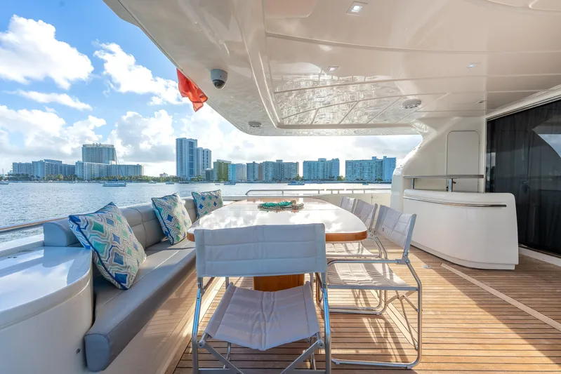 Lady Nelly Yacht Photos Pics Luxurious 2014 Ferretti Yachts 870 deck with seating, overlooking waterfront cityscape.