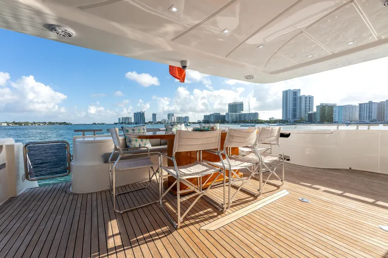 Lady Nelly Yacht Photos Pics Luxurious 2014 Ferretti Yachts 870 deck with city skyline view.