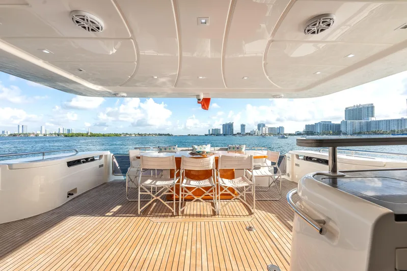 Lady Nelly Yacht Photos Pics Luxurious 2014 Ferretti Yachts 870 deck with ocean view and elegant dining setup.