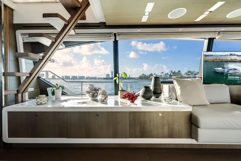 Lady Nelly Yacht Photos Pics Luxurious interior of 2014 Ferretti Yachts 870 with ocean view and elegant decor.