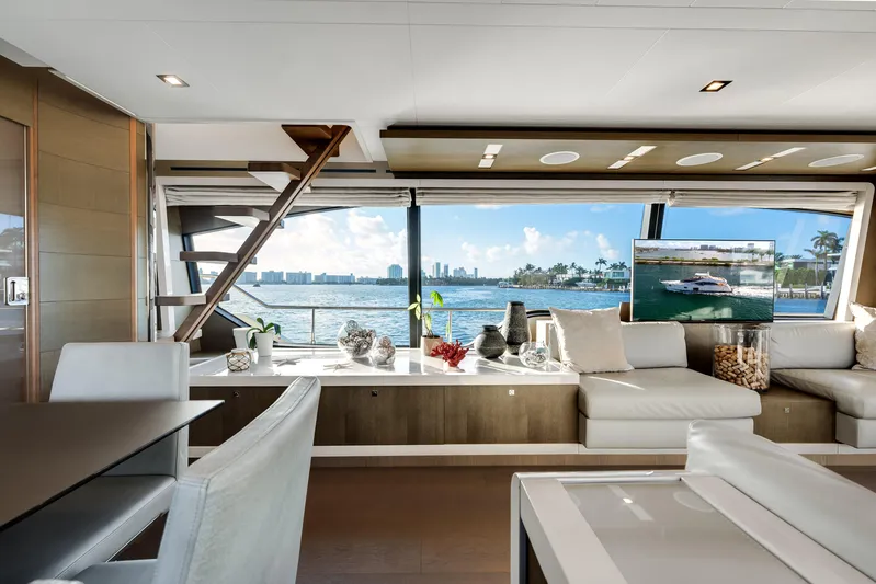 Lady Nelly Yacht Photos Pics Luxurious interior of 2014 Ferretti Yachts 870 with panoramic ocean view.