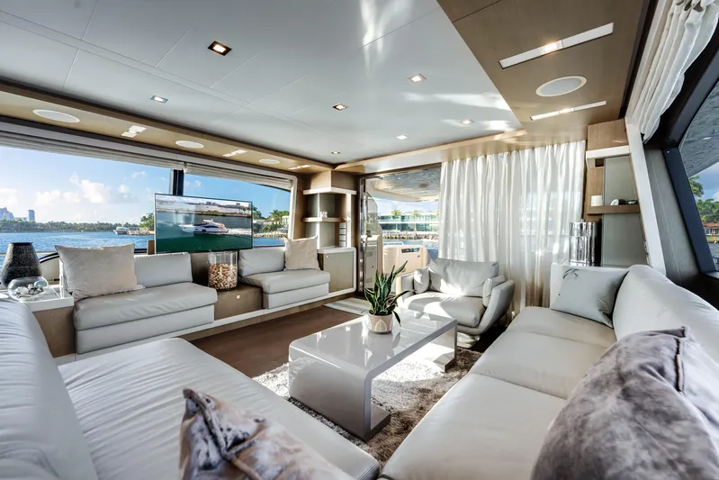 Lady Nelly Yacht Photos Pics Luxurious interior of 2014 Ferretti Yachts 870 with modern furnishings and scenic ocean view.