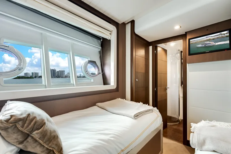 Lady Nelly Yacht Photos Pics Luxurious cabin interior of 2014 Ferretti Yachts 870 with scenic window view.