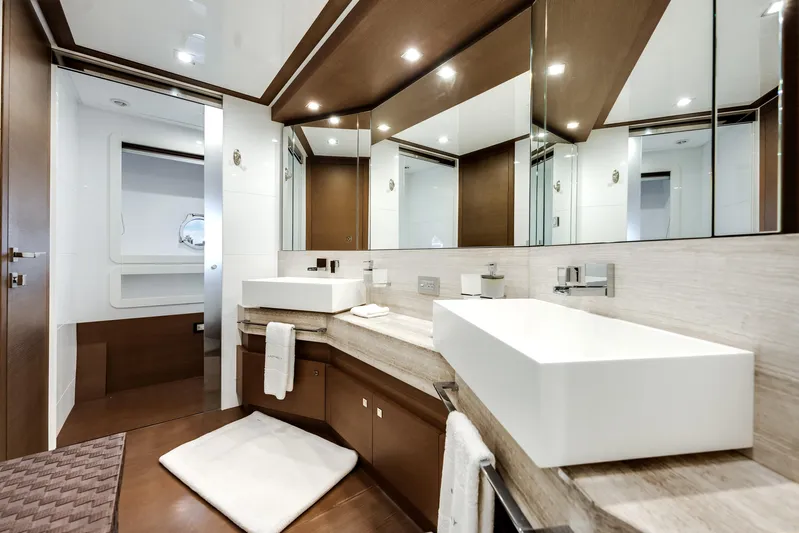 Lady Nelly Yacht Photos Pics Luxurious bathroom interior on a 2014 Ferretti Yachts 870, featuring modern fixtures and elegant design.