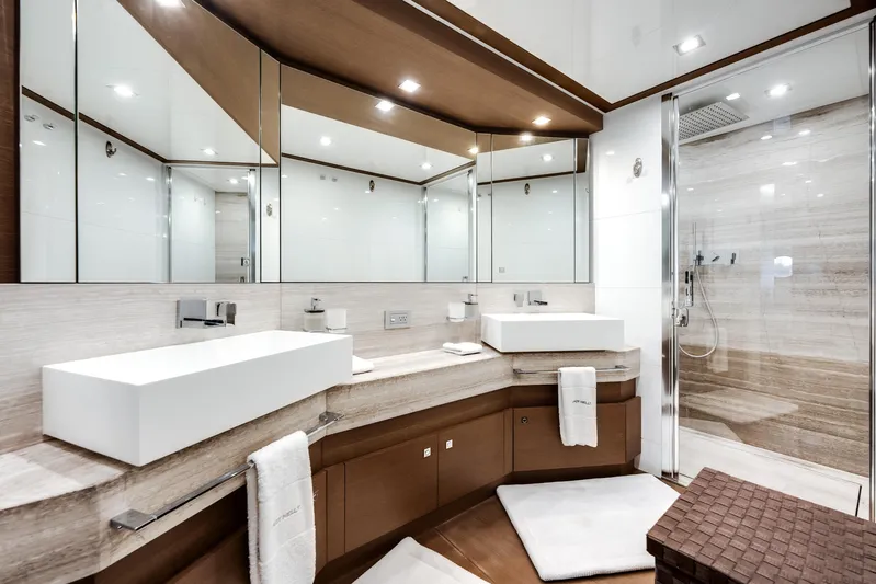 Lady Nelly Yacht Photos Pics Luxurious bathroom in 2014 Ferretti Yachts 870, featuring modern fixtures and elegant design.