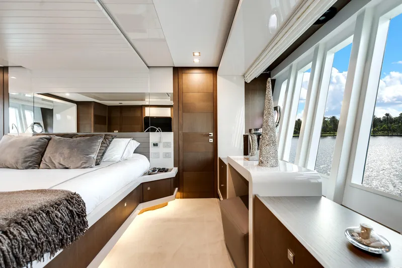 Lady Nelly Yacht Photos Pics Luxurious interior of 2014 Ferretti Yachts 870 with elegant bedroom and scenic window view.