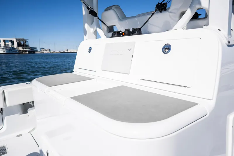  Yacht Photos Pics 2024 Freeman 43 boat interior with cushioned seating and storage compartments.