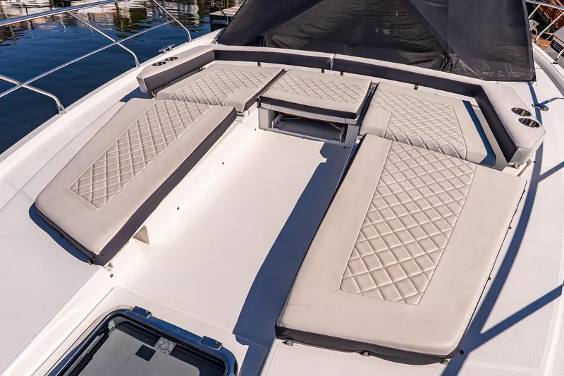 My Way Yacht Photos Pics 2019 Cruisers Yachts 54 Cantius sun deck with luxurious quilted seating.