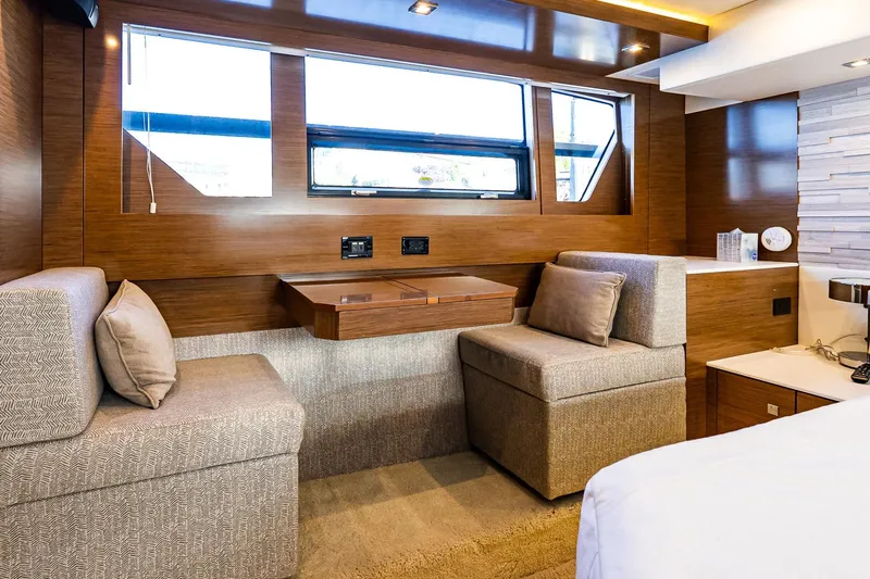 My Way Yacht Photos Pics Luxurious interior of 2019 Cruisers Yachts 54 Cantius with elegant seating and modern design.