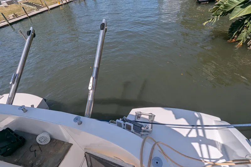 Sometimes Nancy Yacht Photos Pics 2003 Fountaine Pajot Maryland 37 boat deck overlooking calm water.