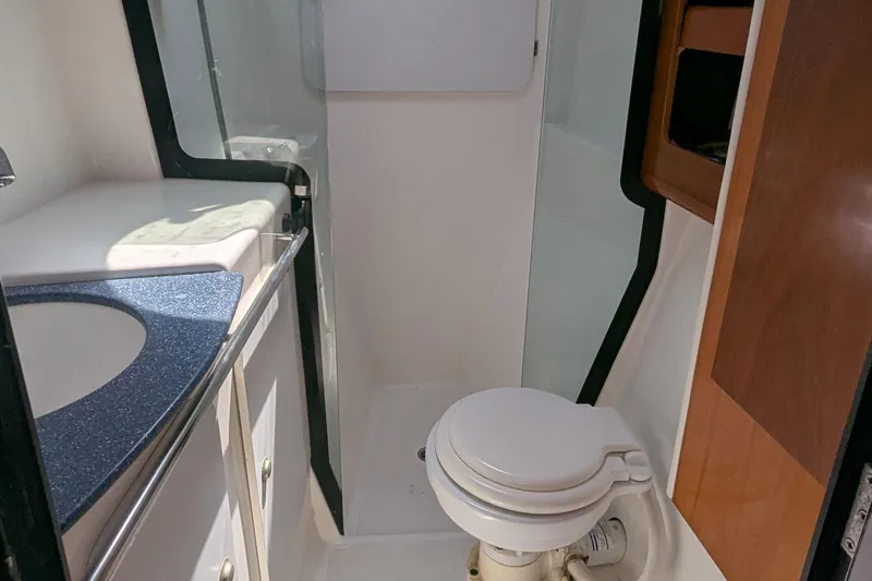 Sometimes Nancy Yacht Photos Pics Bathroom interior of 2003 Fountaine Pajot Maryland 37 yacht, featuring toilet and sink.