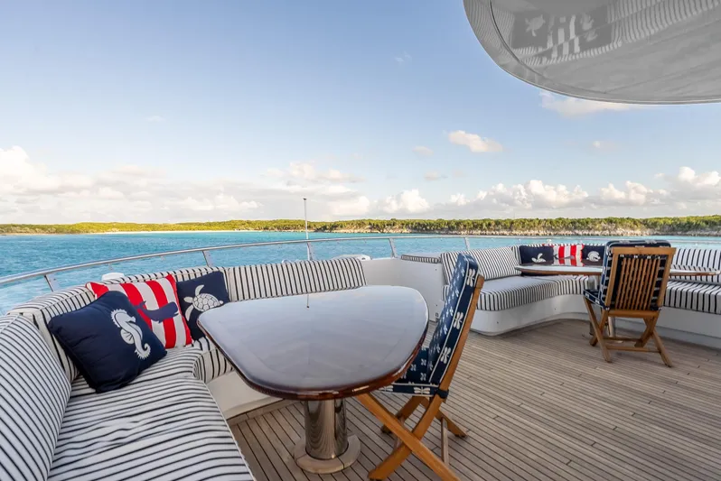 Calliope Yacht Photos Pics Luxurious 2007 Richmond Yachts Semi Displacement deck with nautical-themed seating and ocean view.