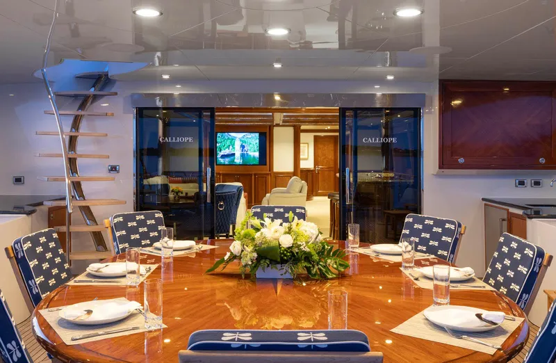 Calliope Yacht Photos Pics Luxurious dining area on 2007 Richmond Yachts Semi Displacement, featuring elegant table setting and decor.