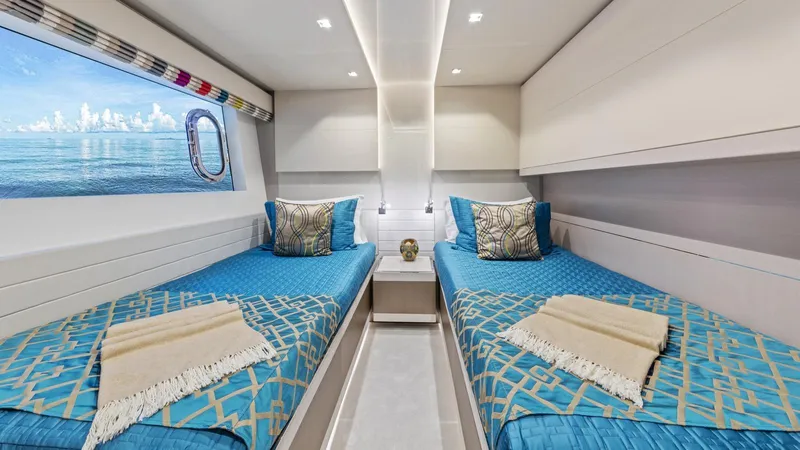 Chitochi Yacht Photos Pics Luxurious 2016 Custom Line Ferretti yacht cabin with twin beds and ocean view.