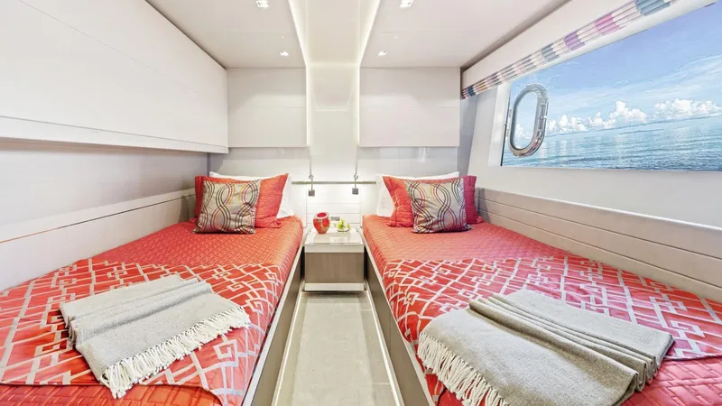 Chitochi Yacht Photos Pics Luxurious 2016 Custom Line Ferretti yacht cabin with twin beds and ocean view.