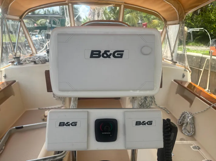 Island Girl Yacht Photos Pics Cockpit of 1990 Island Packet 38 sailboat with B&G navigation equipment.