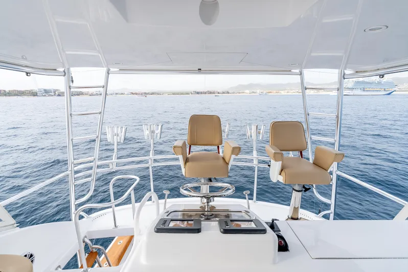 Baja Vida Yacht Photos Pics Flybridge view of 2010 Hatteras 60 Convertible yacht with ocean backdrop.