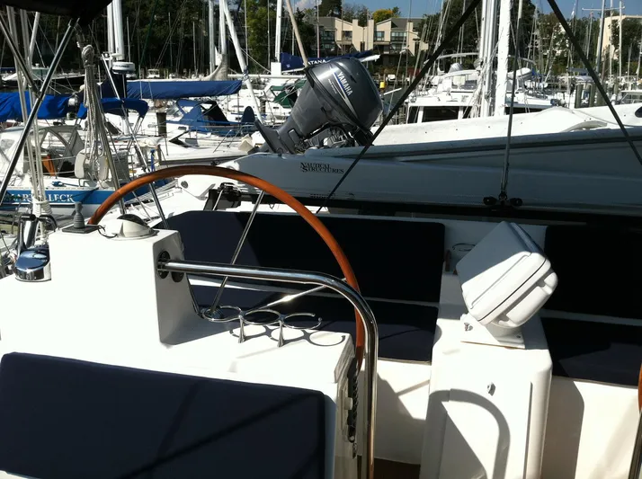 The Harlen Wood Yacht Photos Pics Cockpit of a 2010 Shannon 53 HPS yacht docked in a marina.