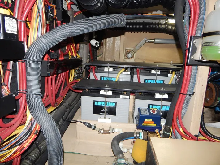 The Harlen Wood Yacht Photos Pics Engine room of 2010 Shannon 53 HPS with Lifeline batteries and wiring.