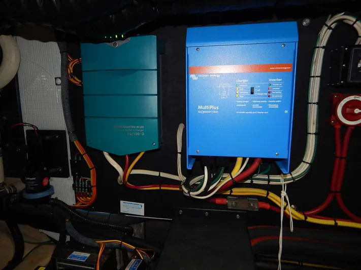 The Harlen Wood Yacht Photos Pics Electrical system setup in a 2010 Shannon 53 HPS boat, featuring inverters and wiring.