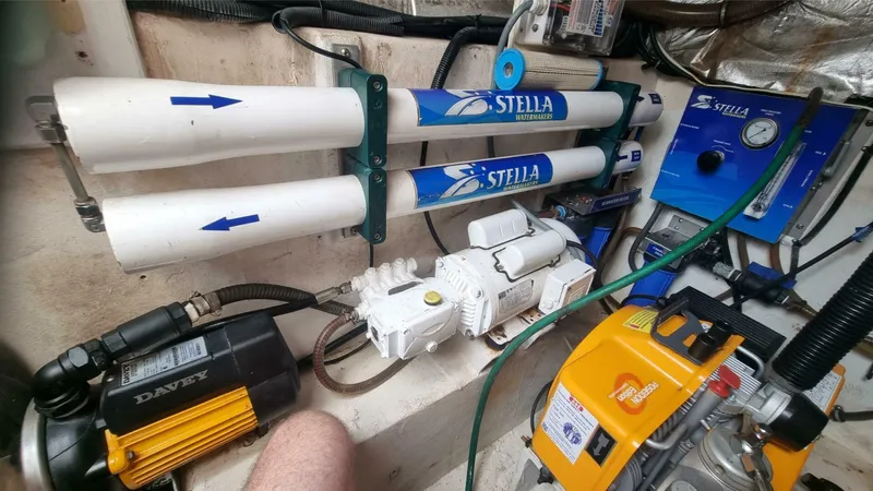 Albatross Yacht Photos Pics Engine room of 2014 PowerPlay Catamarans Power Cat with Stella watermaker system.