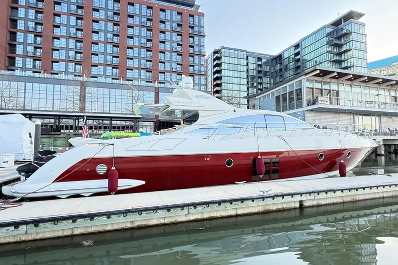 Victoria Yacht Photos Pics Luxury 2007 Azimut 68S yacht docked in urban marina setting.