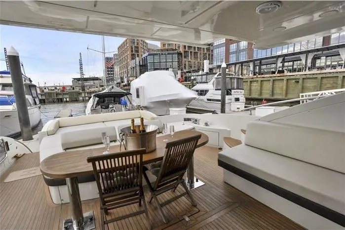 Victoria Yacht Photos Pics Luxurious 2007 Azimut 68S yacht with elegant deck seating and marina view.