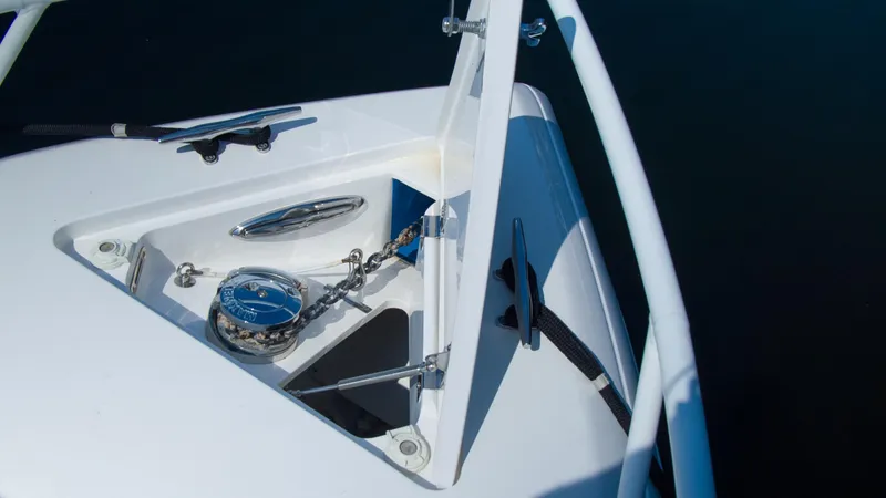 R&r Yacht Photos Pics 2017 Intrepid 400 Cuddy anchor locker with windlass and cleat.