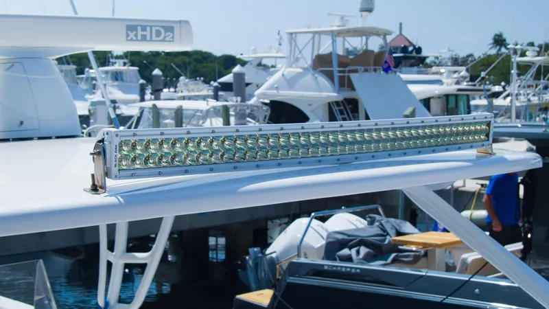 R&r Yacht Photos Pics Close-up of a 2017 Intrepid 400 Cuddy boat's LED light bar at a marina.