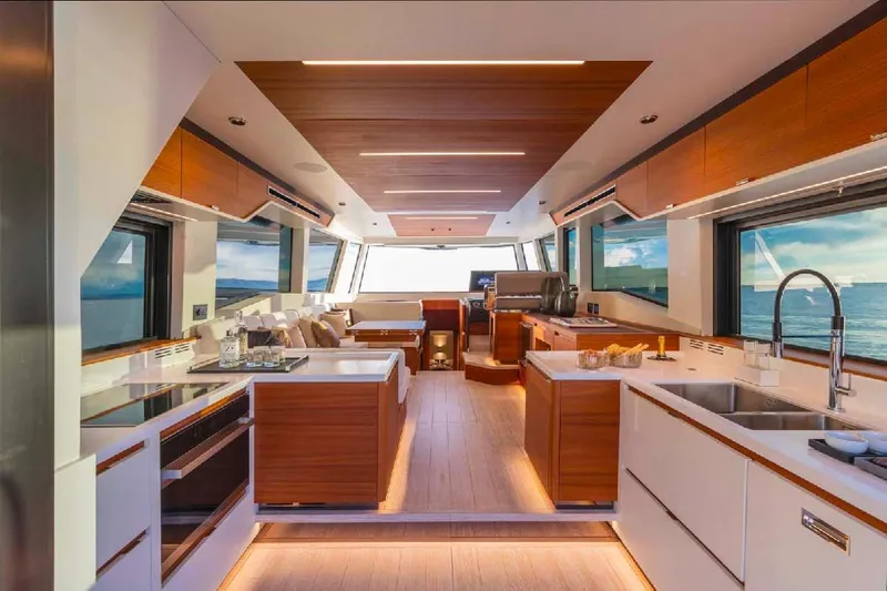 Pardo Endurance 60 Yacht Photos Pics Luxurious interior of 2023 Pardo Yachts E60, featuring modern kitchen and panoramic ocean views.