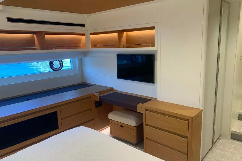 Pardo Endurance 60 Yacht Photos Pics Luxurious interior of 2023 Pardo Yachts E60, featuring modern wood cabinetry and sleek design.