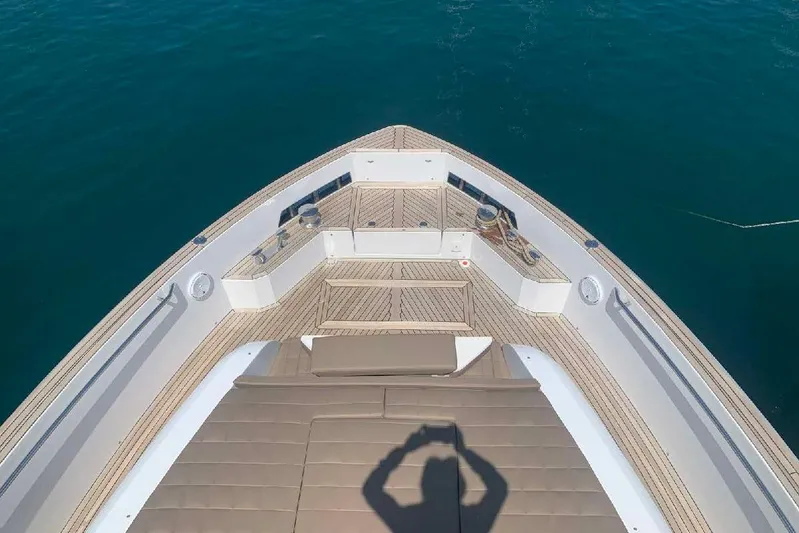 Pardo Endurance 60 Yacht Photos Pics Bow view of 2023 Pardo Yachts E60 with teak deck and seating area.