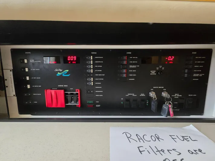 Michael B Yacht Photos Pics Control panel of a 1998 Sea Ray 500 Sundancer with note about Racor fuel filters.