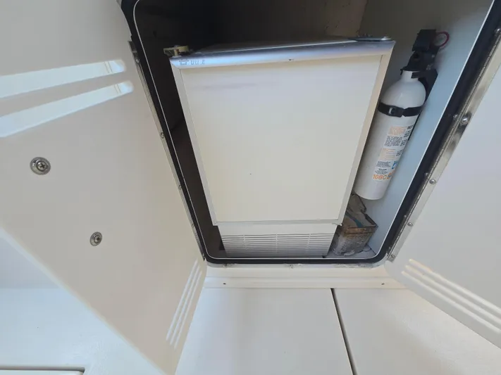 Michael B Yacht Photos Pics 1998 Sea Ray 500 Sundancer interior with mini fridge and fire extinguisher.