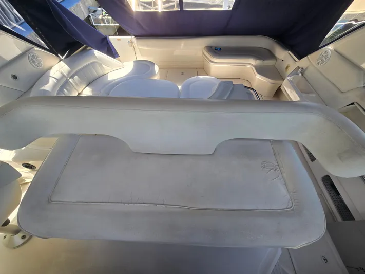 Michael B Yacht Photos Pics 1998 Sea Ray 500 Sundancer interior with white seating and blue canopy.