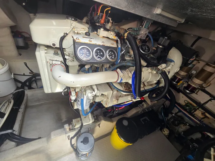 Michael B Yacht Photos Pics Engine room of 1998 Sea Ray 500 Sundancer with visible gauges and components.