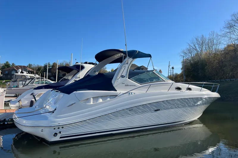 Mile Marker Yacht Photos Pics 2008 Sea Ray 340 Sundancer yacht docked on a sunny day.