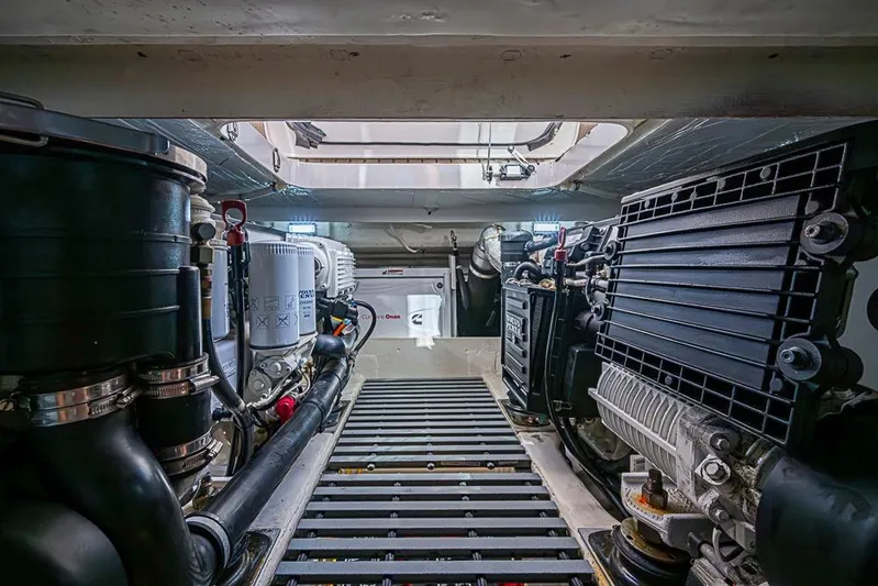 Polaris Yacht Photos Pics Engine room of 2018 Tiara Yachts C39 Coupe, showcasing mechanical components and systems.