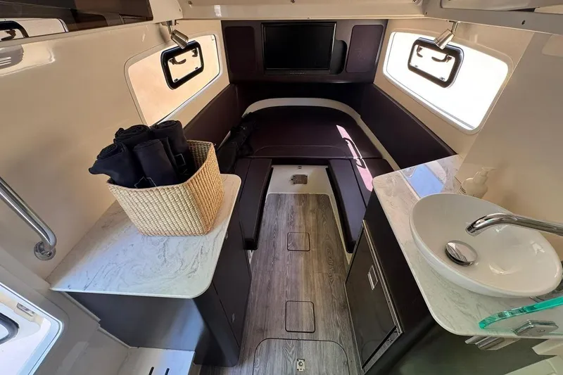  Yacht Photos Pics 2020 Scout 355 LXF cabin interior with modern amenities and stylish design.