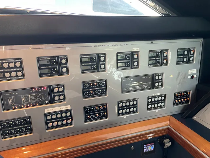Nike Yacht Photos Pics Control panel of a 2007 Dominator 860 yacht with various switches and displays.