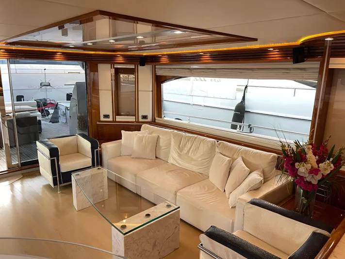 Nike Yacht Photos Pics Luxurious interior of 2007 Dominator 860 yacht with elegant seating and large windows.