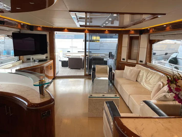 Nike Yacht Photos Pics Luxurious interior of a 2007 Dominator 860 yacht with elegant seating and modern amenities.