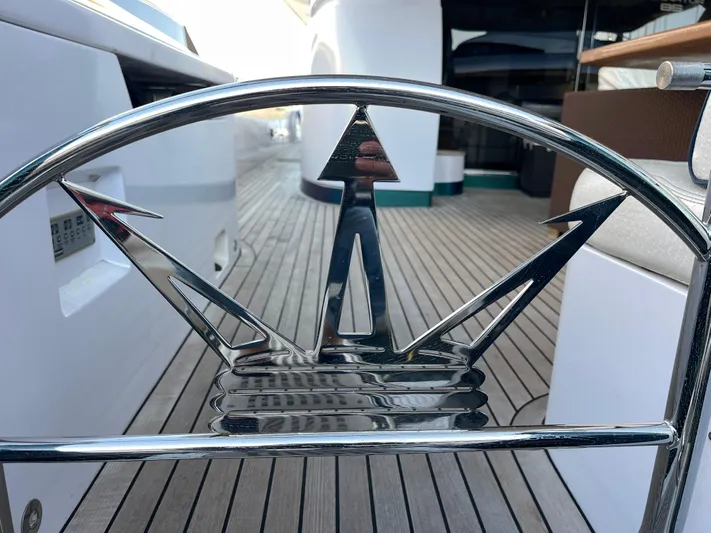 Nike Yacht Photos Pics Chrome detail on 2007 Dominator 860 yacht deck.