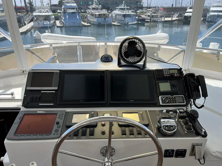 Off Line Yacht Photos Pics Helm of 2007 Symbol PHMY yacht with navigation equipment and marina view.