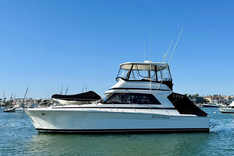 Seafood (reserved) Yacht Photos Pics 1998 Riviera 43 Open Flybridge yacht on calm water, clear blue sky background.